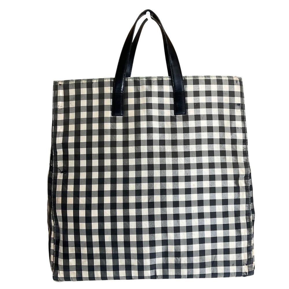 Vtg Ralph Lauren Silk Gingham Tote Shopper Bag Top Handles Black White 80s 90s L